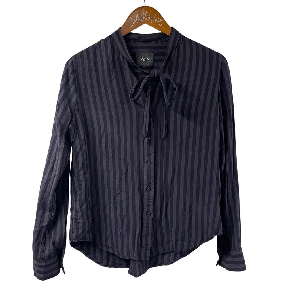 Rails Striped Shirt With Tie Neck S Collette Top Charcoal Ink Long Sleeve
